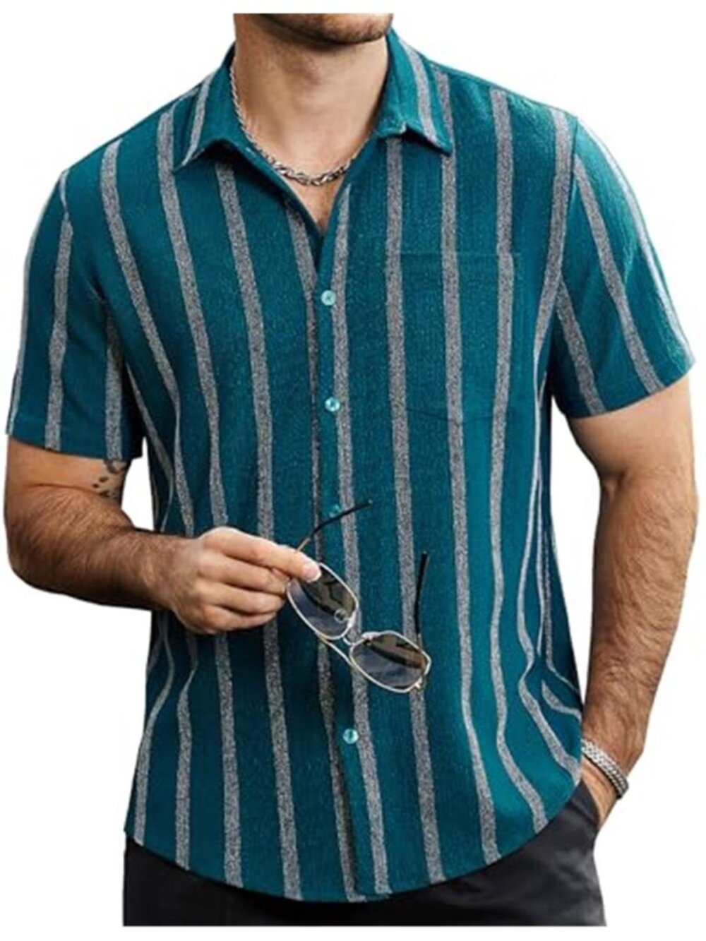Mens Striped Button Down Short Sleeve Hawaiian Beach Shirt Pocket Summer